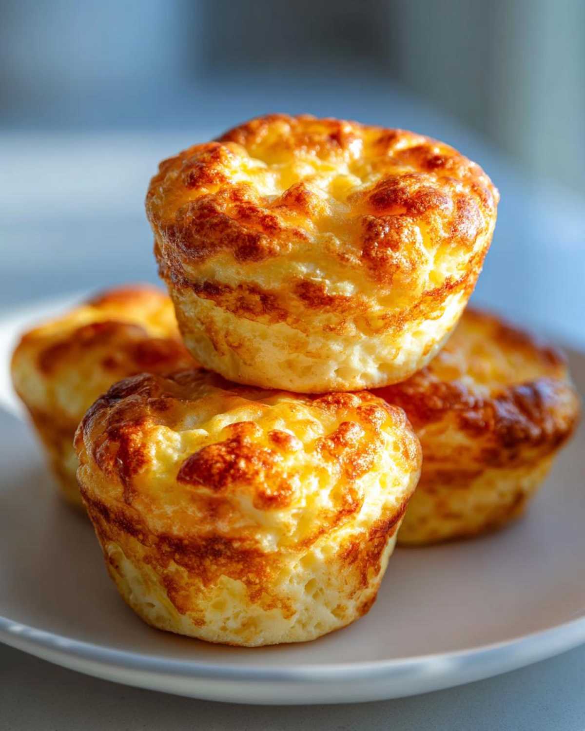 A stack of four perfectly baked, golden brown egg bites served on a white plate.