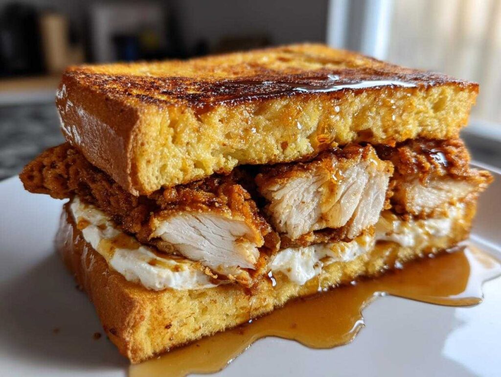 A tall french toast fried chicken sandwich, cut in half to show crispy chicken, cream cheese, and syrup dripping onto a white plate.