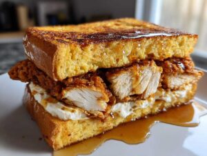 A tall french toast fried chicken sandwich, cut in half to show crispy chicken, cream cheese, and syrup dripping onto a white plate.