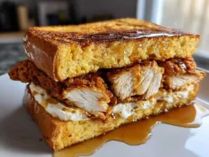 A tall french toast fried chicken sandwich, cut in half to show crispy chicken, cream cheese, and syrup dripping onto a white plate.