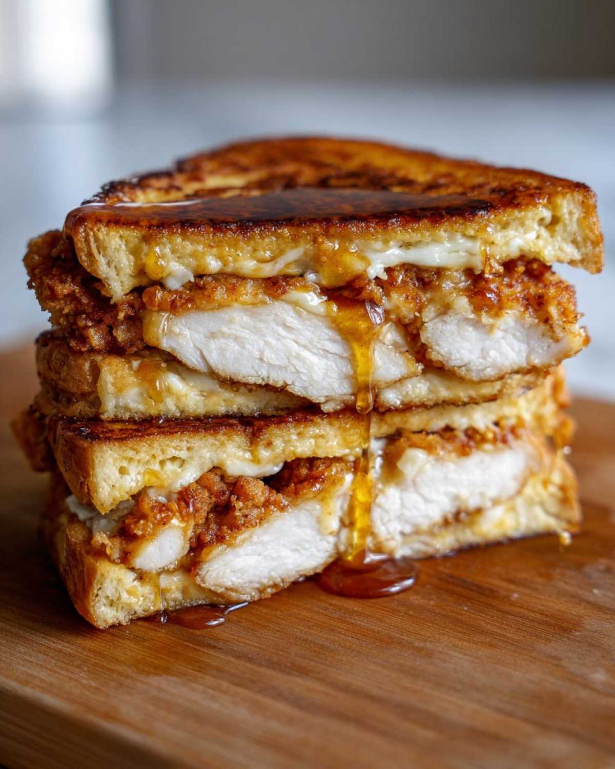 A tall stack of two halves of a french toast fried chicken sandwich, drizzled with syrup.