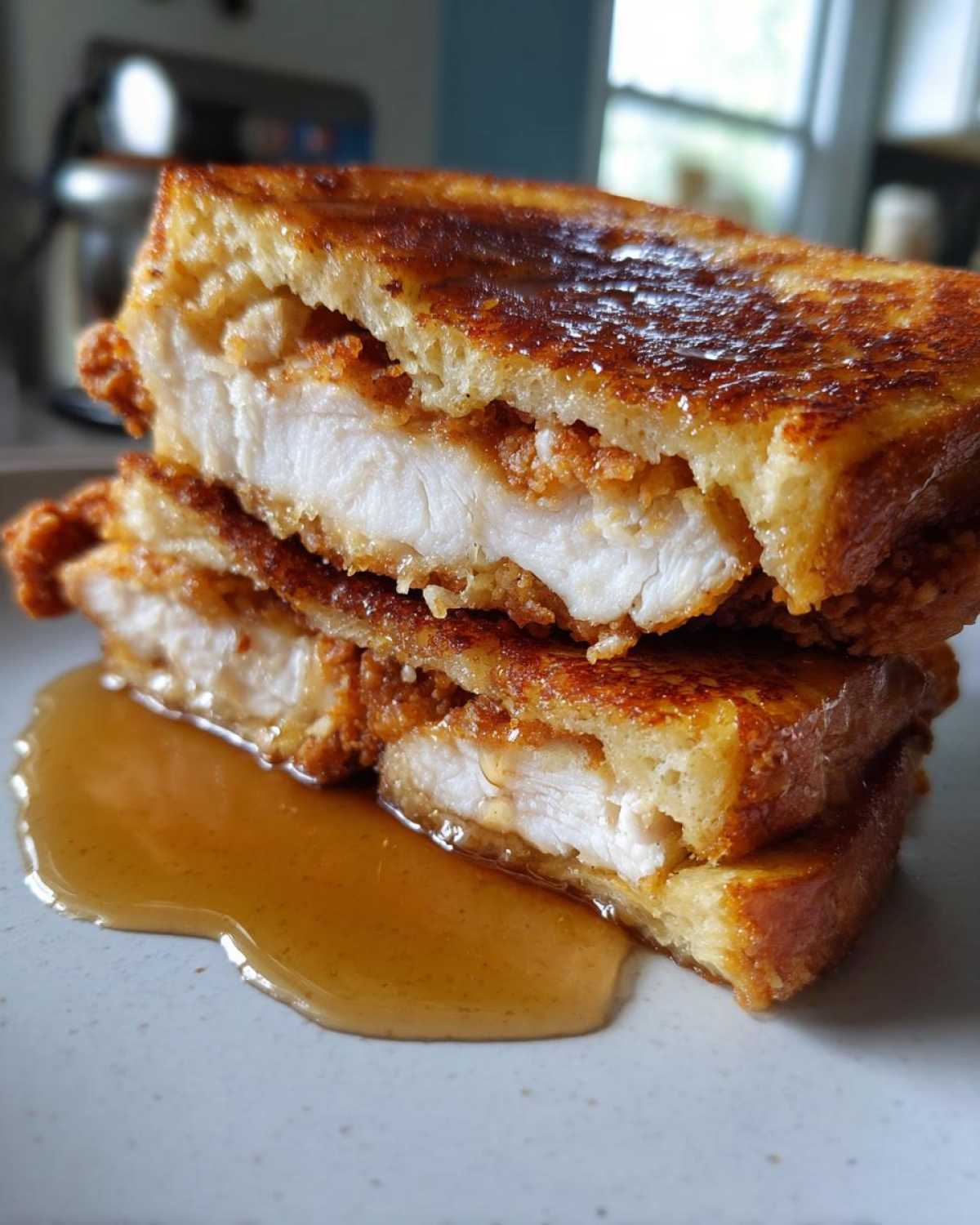 Close-up of a french toast fried chicken sandwich cut in half and stacked, drizzled with syrup.