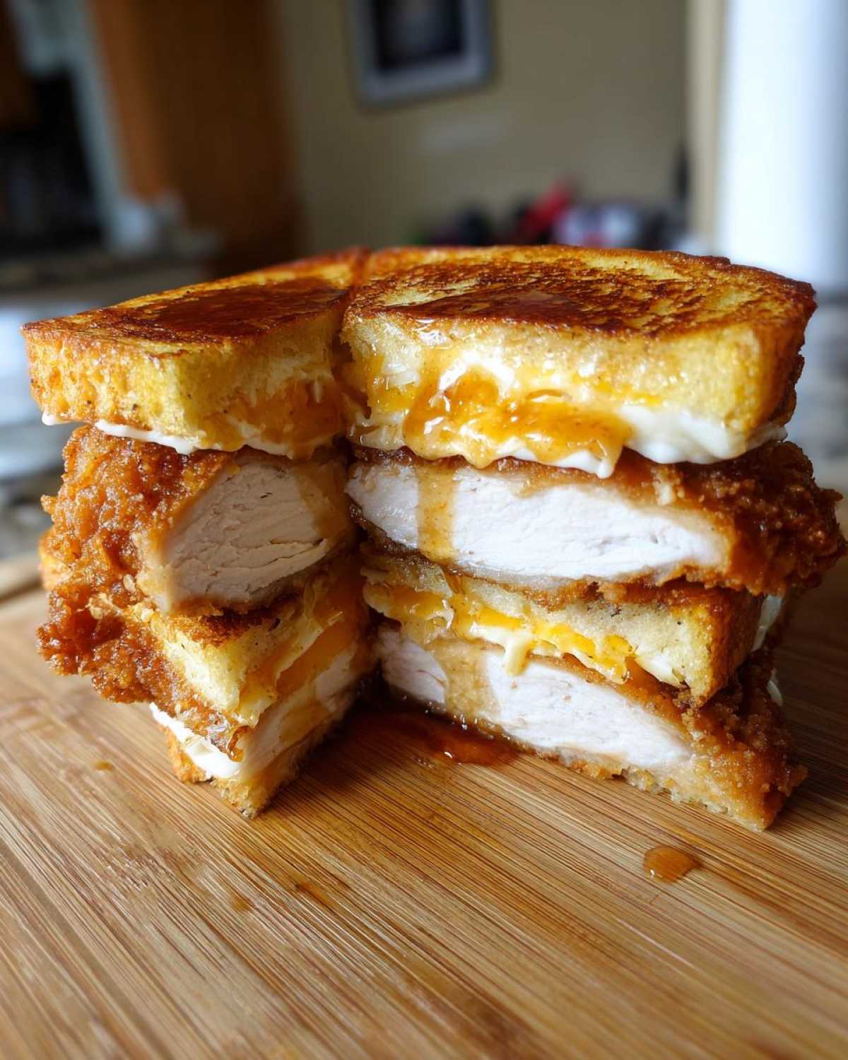 A towering, cross-section view of a french toast fried chicken sandwich stacked high with crispy chicken, cheese, and drizzled with syrup.