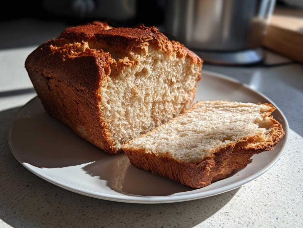 A golden-brown loaf of 3 ingredient beer bread, partially sliced, resting on a white plate.