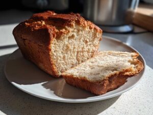 A golden-brown loaf of 3 ingredient beer bread, partially sliced, resting on a white plate.