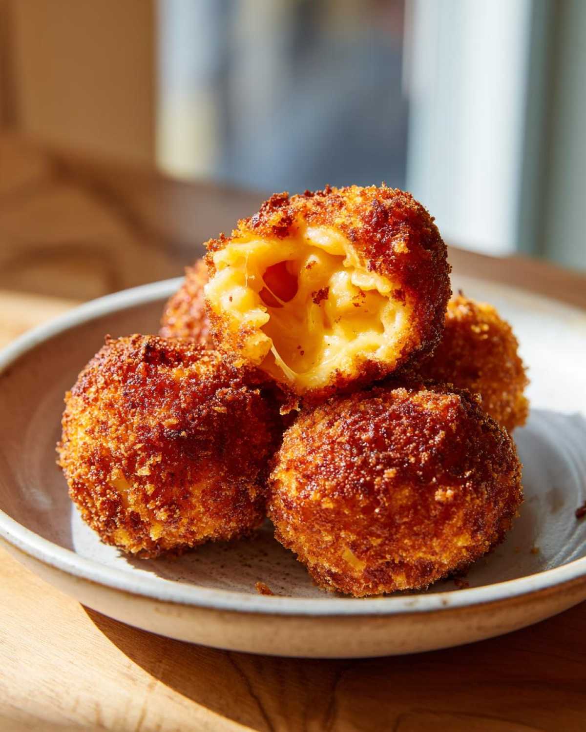 Close-up of golden brown fried mac and cheese balls, one broken open showing melted cheese inside.
