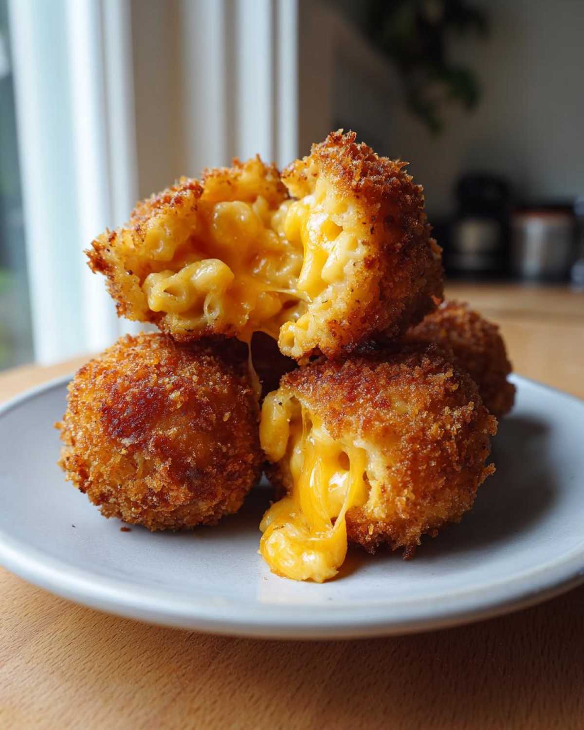 Close-up of several golden brown fried mac and cheese balls, one broken open showing melted cheese stretching out.