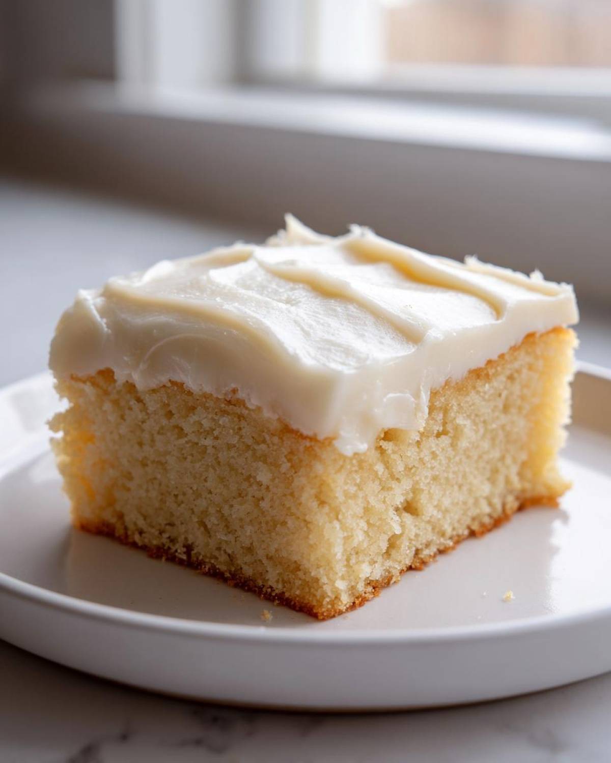 A close-up of a thick, square slice of soft sugar cookie bars topped with creamy white frosting.