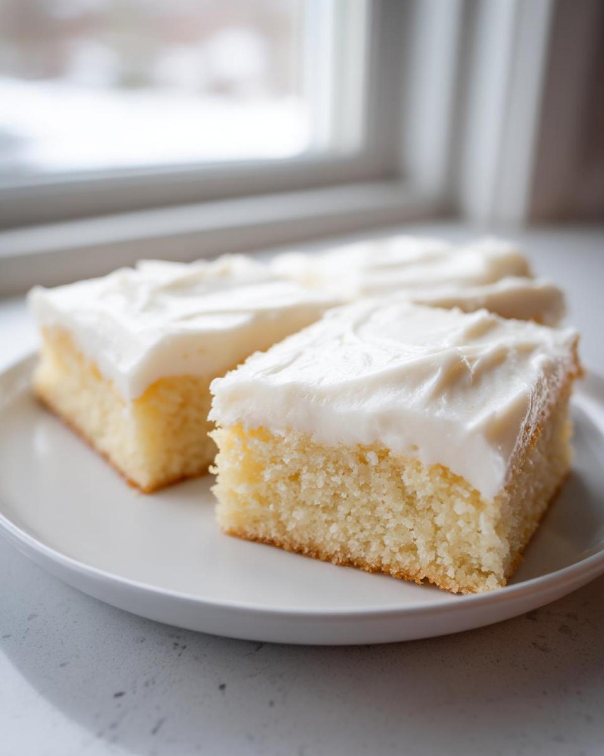 Two squares of thick, moist sugar cookie bars topped with creamy white frosting, sitting on a white plate.