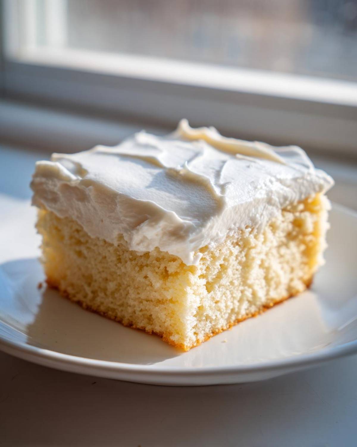 A square slice of soft, yellow sugar cookie bars topped with thick white frosting, sitting on a white plate near a window.
