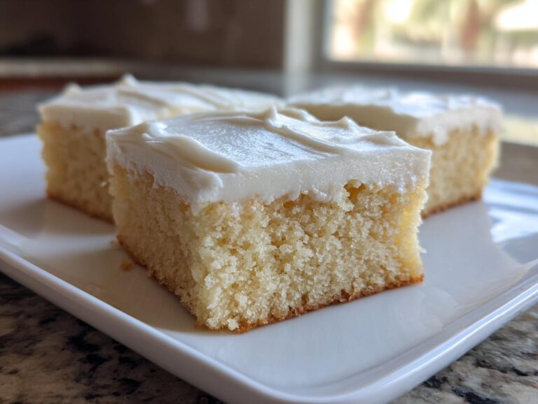 Three square slices of soft, pale yellow sugar cookie bars topped with thick white frosting.
