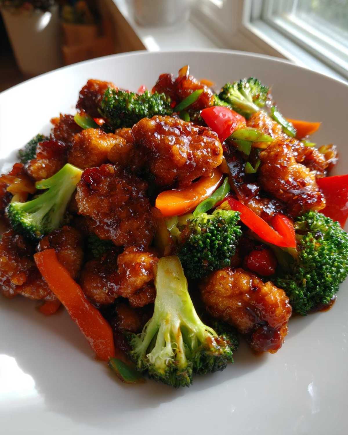 Close-up of crispy chicken pieces coated in dark teriyaki sauce mixed with bright broccoli florets and sliced peppers.