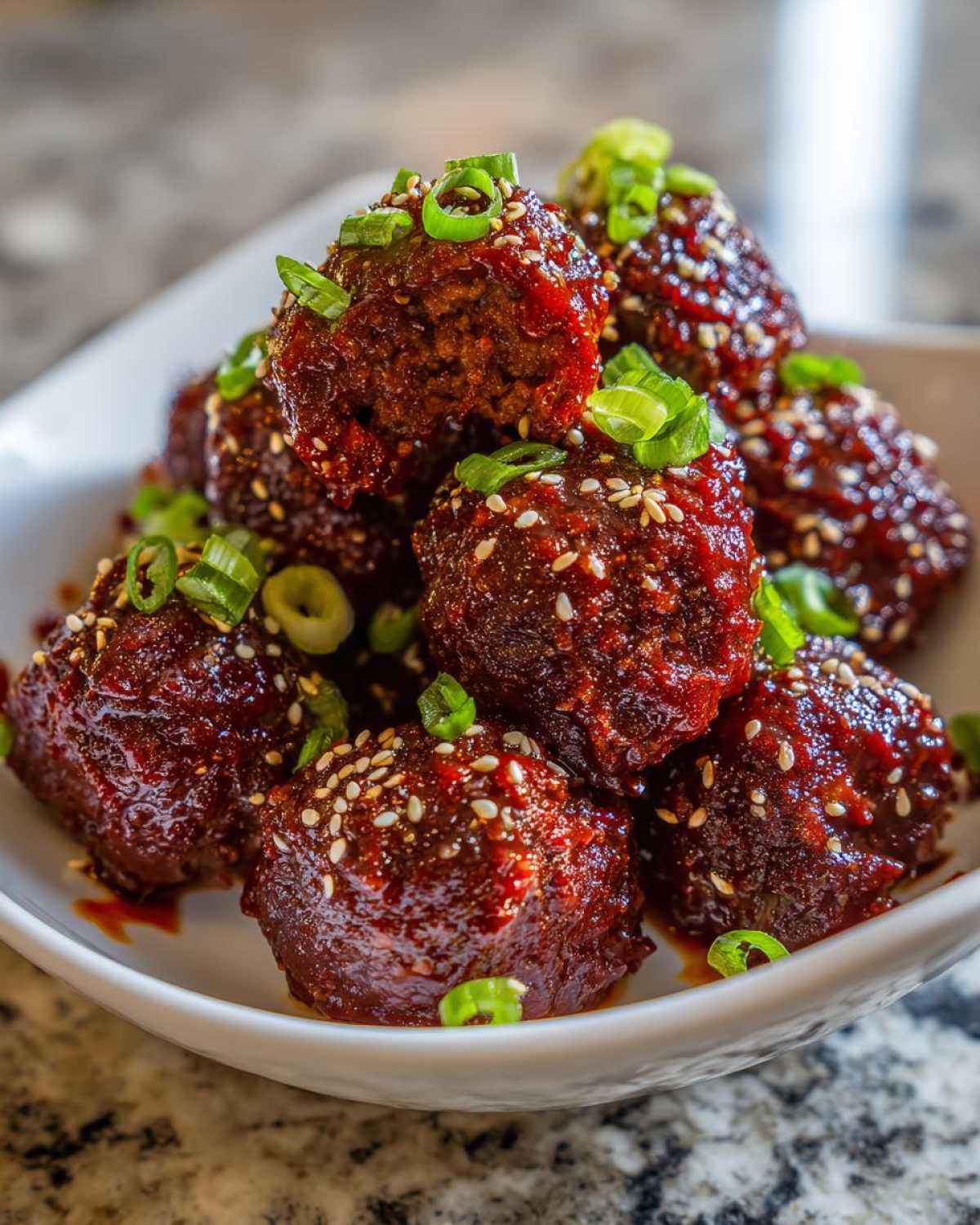 A close-up of glossy, dark red korean bbq meatballs piled high, garnished with white sesame seeds and sliced green onions.