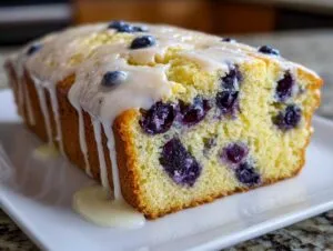 A close-up shot of a freshly baked lemon blueberry bread loaf drizzled with a thick, white glaze.