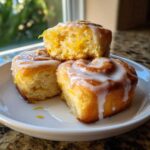 Three delicious lemon poppyseed rolls stacked on a white plate, drizzled with a thick white glaze and visible lemon zest.