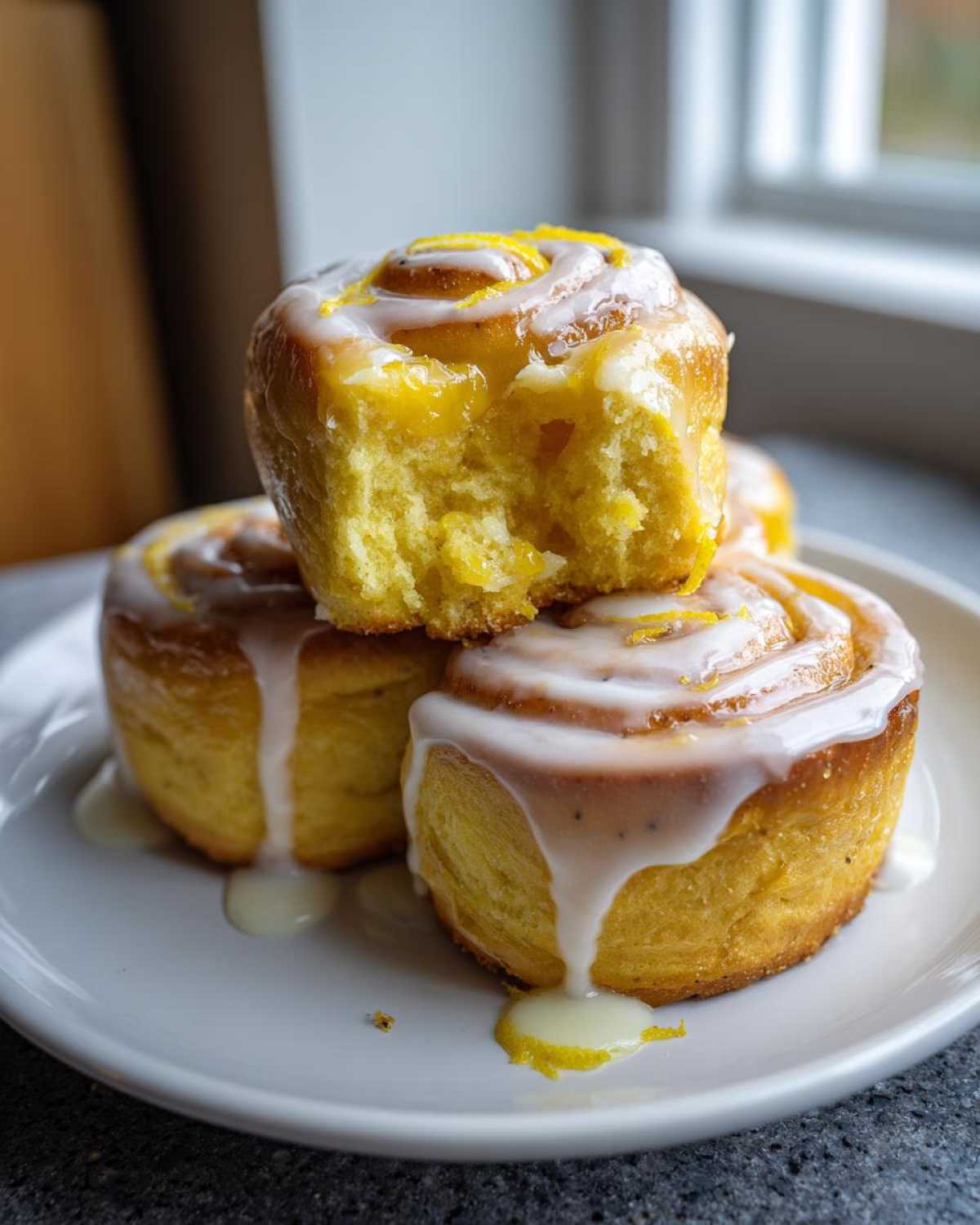 Close-up of three delicious lemon poppyseed rolls stacked on a white plate, drizzled with white icing, one roll having a bite taken out.