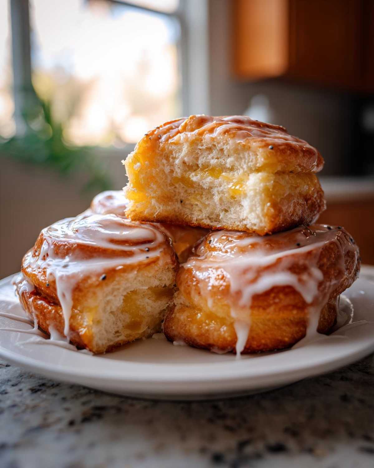 Close-up of a stack of glazed lemon poppyseed rolls, one cut open to show the bright yellow filling.