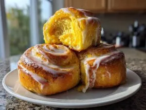 Three delicious lemon poppyseed rolls stacked on a white plate, drizzled with bright white glaze.