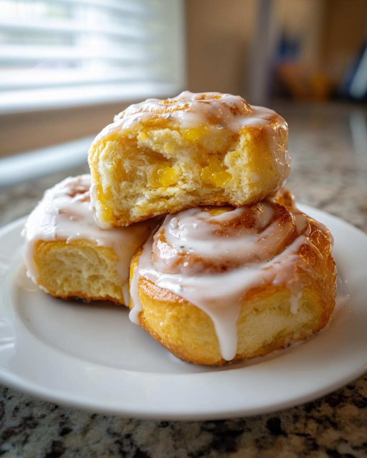 Three glazed lemon poppyseed rolls stacked on a white plate, one is broken open showing the yellow filling.