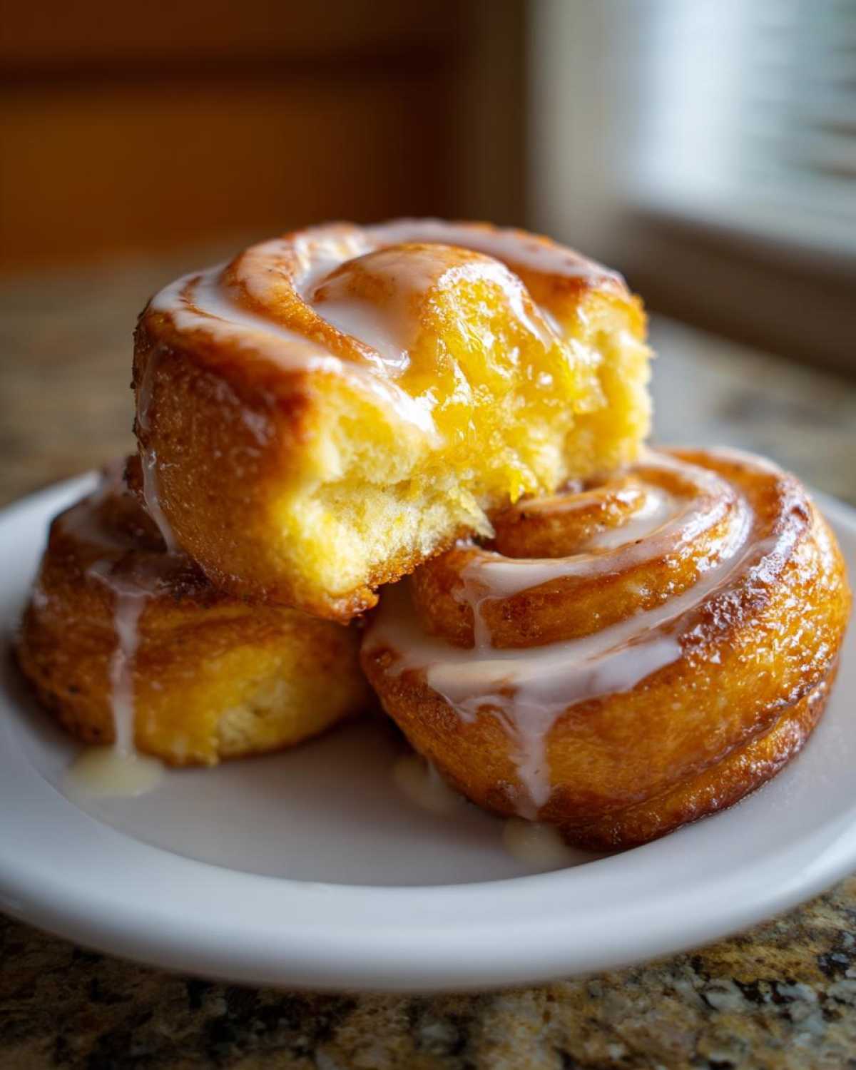 Close-up of three glazed lemon poppyseed rolls stacked, with the top one broken open showing the soft interior.