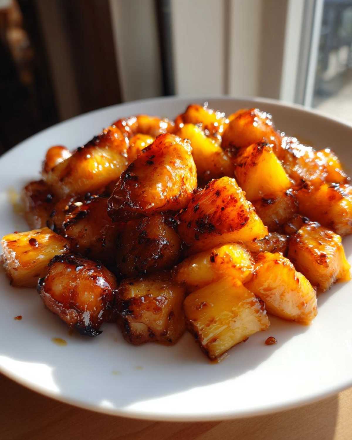 Close-up of caramelized, glazed pineapple chunks, likely part of a teriyaki sheet pan pineapple chicken recipe.