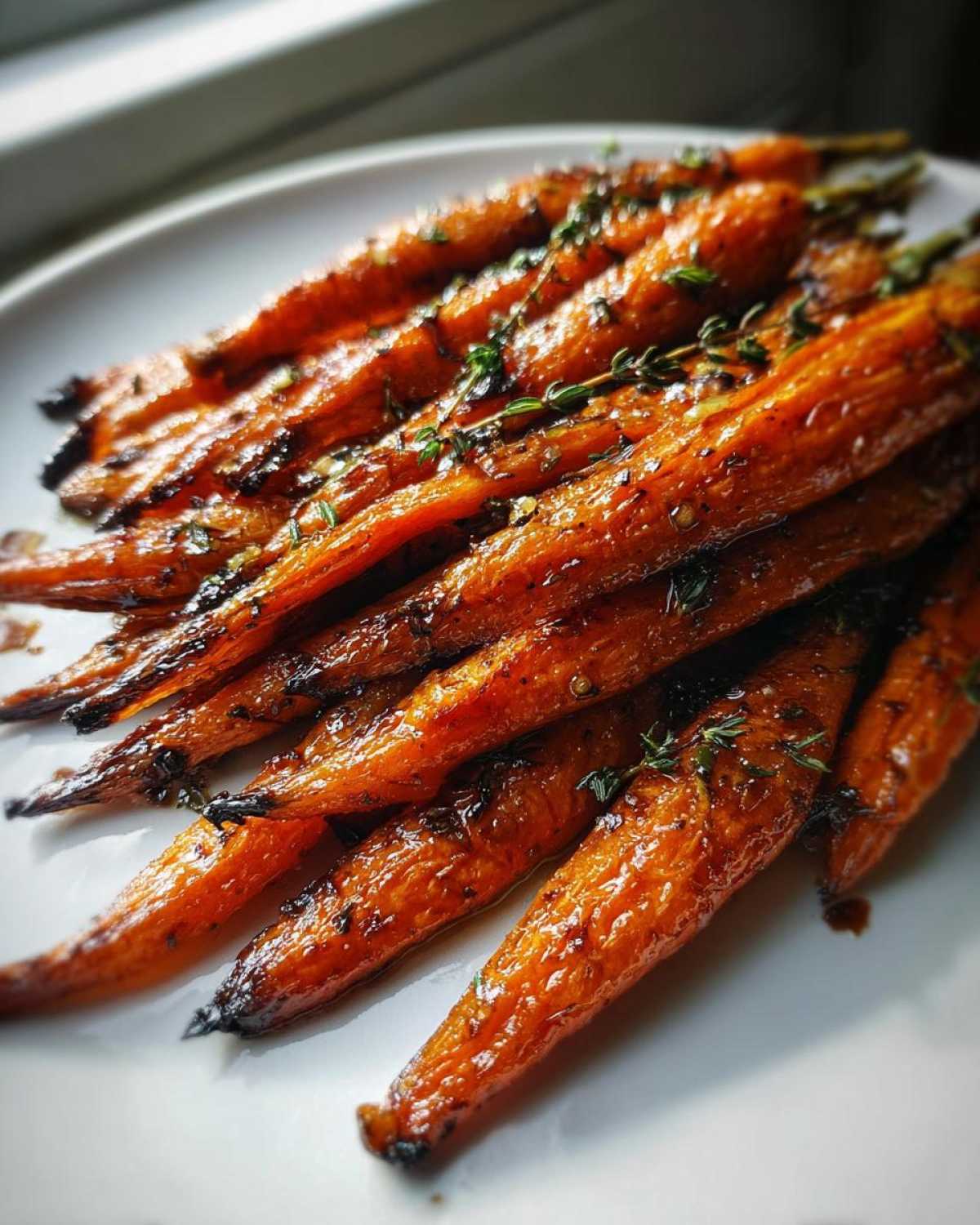 A close-up of glossy, glazed, roasted carrots garnished with fresh thyme sprigs, likely a smashed carrots recipe.