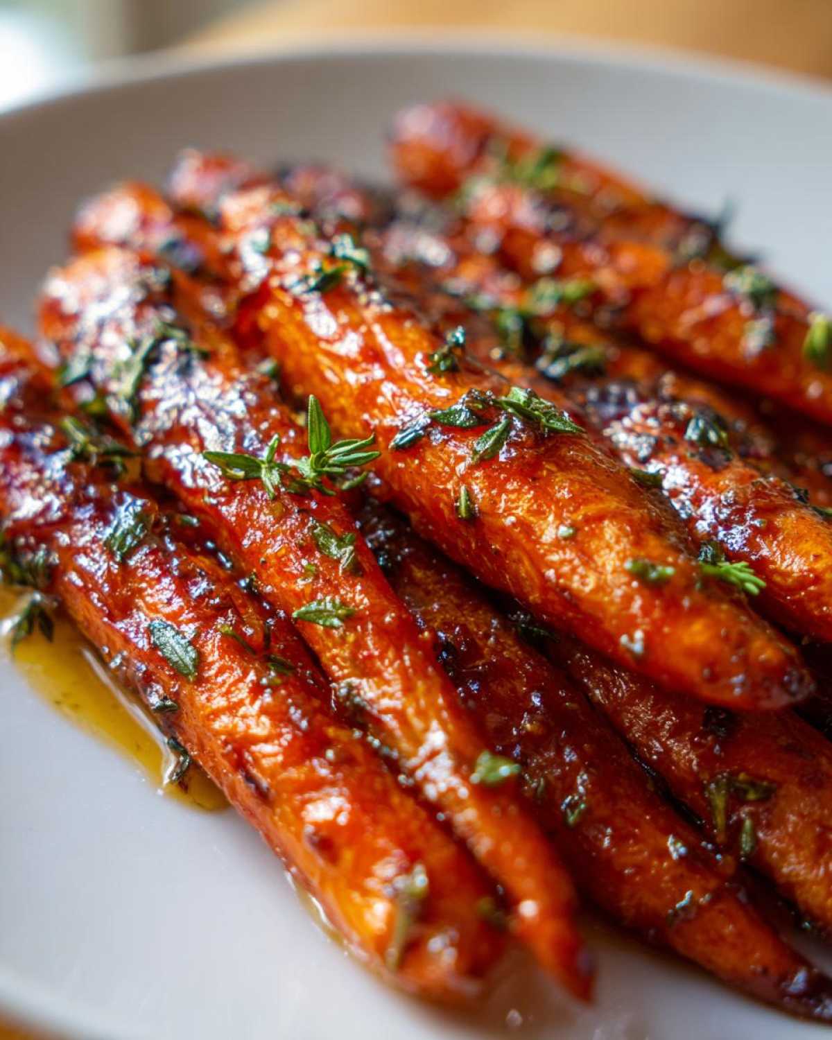 Close-up of glossy, glazed smashed carrots topped with fresh green herbs on a white plate.