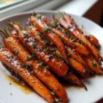 A close-up of glossy, glazed smashed carrots served on a white plate and sprinkled with fresh thyme.