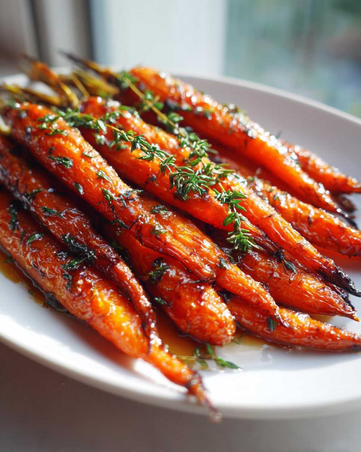 A close-up of glossy, glazed smashed carrots seasoned with herbs on a white platter.