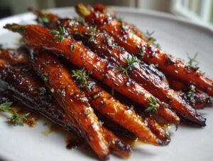 Close-up of glossy, caramelized smashed carrots seasoned with herbs, likely thyme.