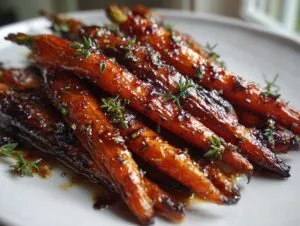 Close-up of glossy, caramelized smashed carrots seasoned with herbs, likely thyme.