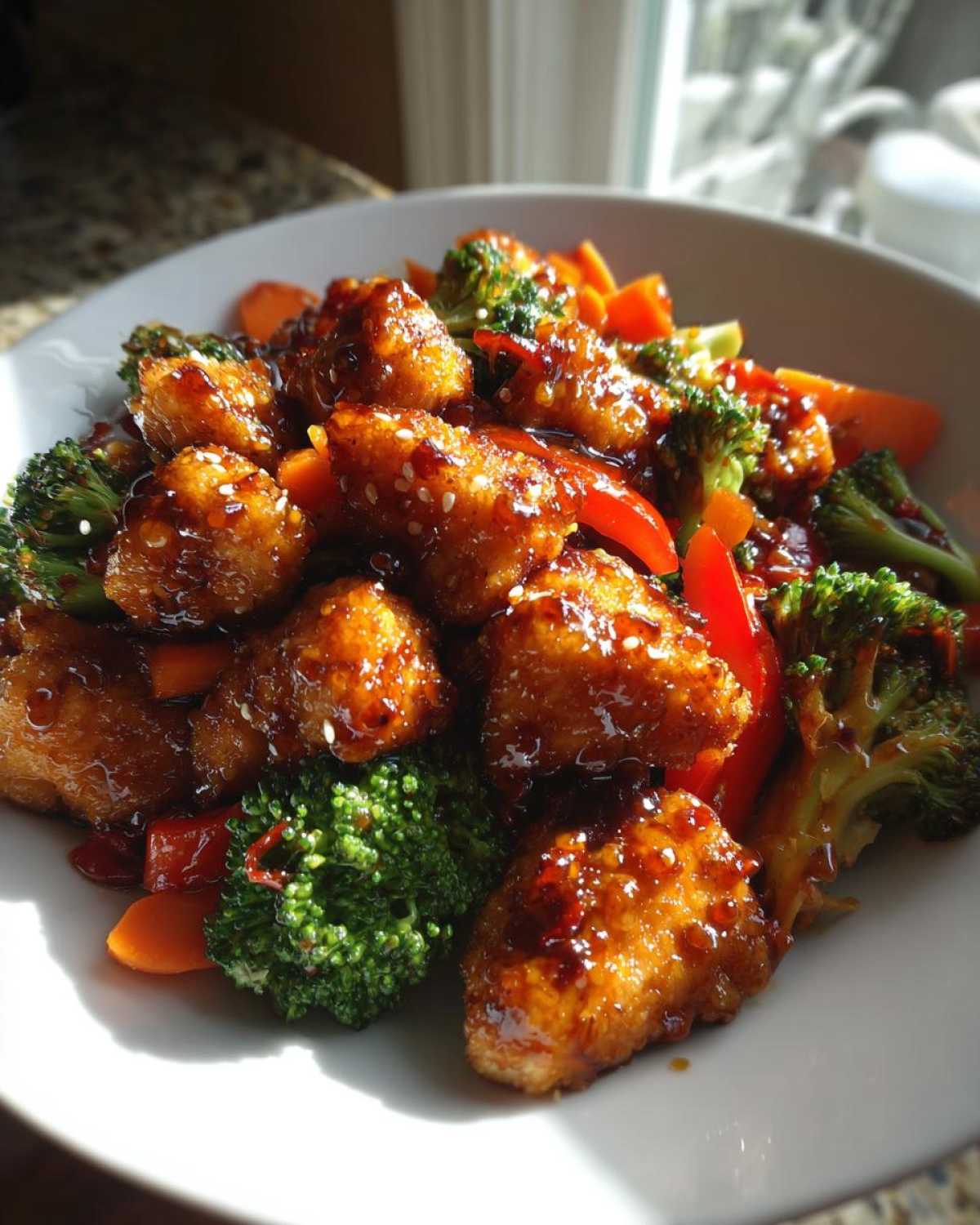 Close-up of crispy, glazed teriyaki chicken stir fry mixed with bright green broccoli florets and sliced carrots.