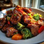 Close-up of a delicious teriyaki chicken stir fry featuring glazed chicken pieces, bright green broccoli florets, and red bell peppers.