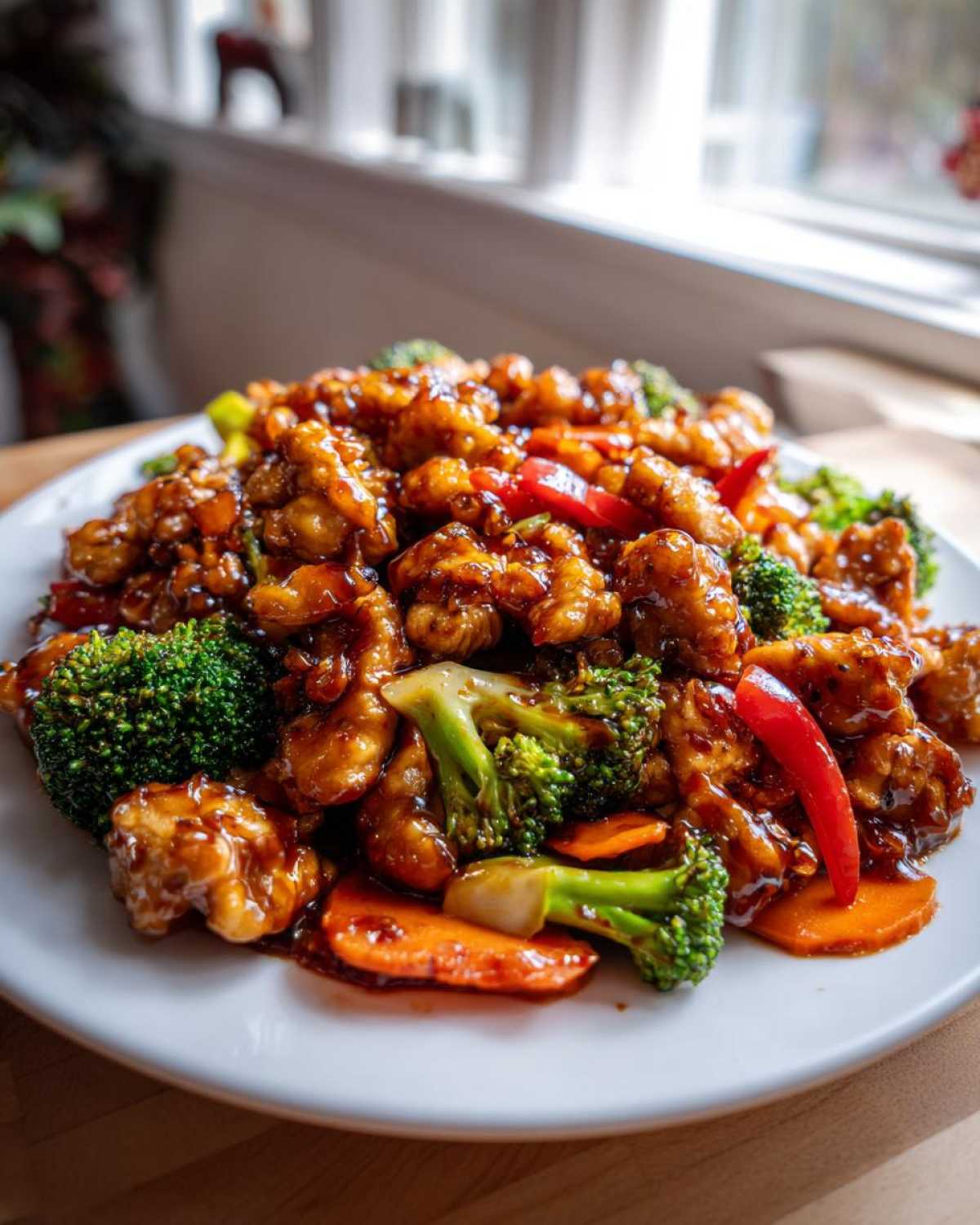 Close-up of a plate piled high with glossy teriyaki chicken stir fry, mixed with bright green broccoli florets and sliced carrots.