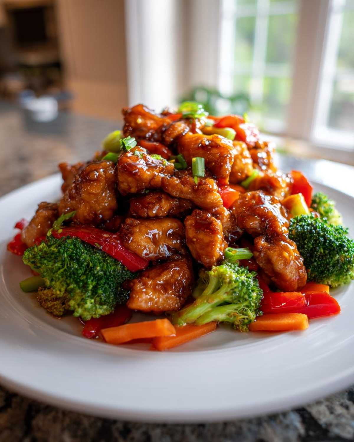 A plate piled high with glossy, saucy teriyaki chicken stir fry mixed with bright broccoli, red peppers, and carrots.