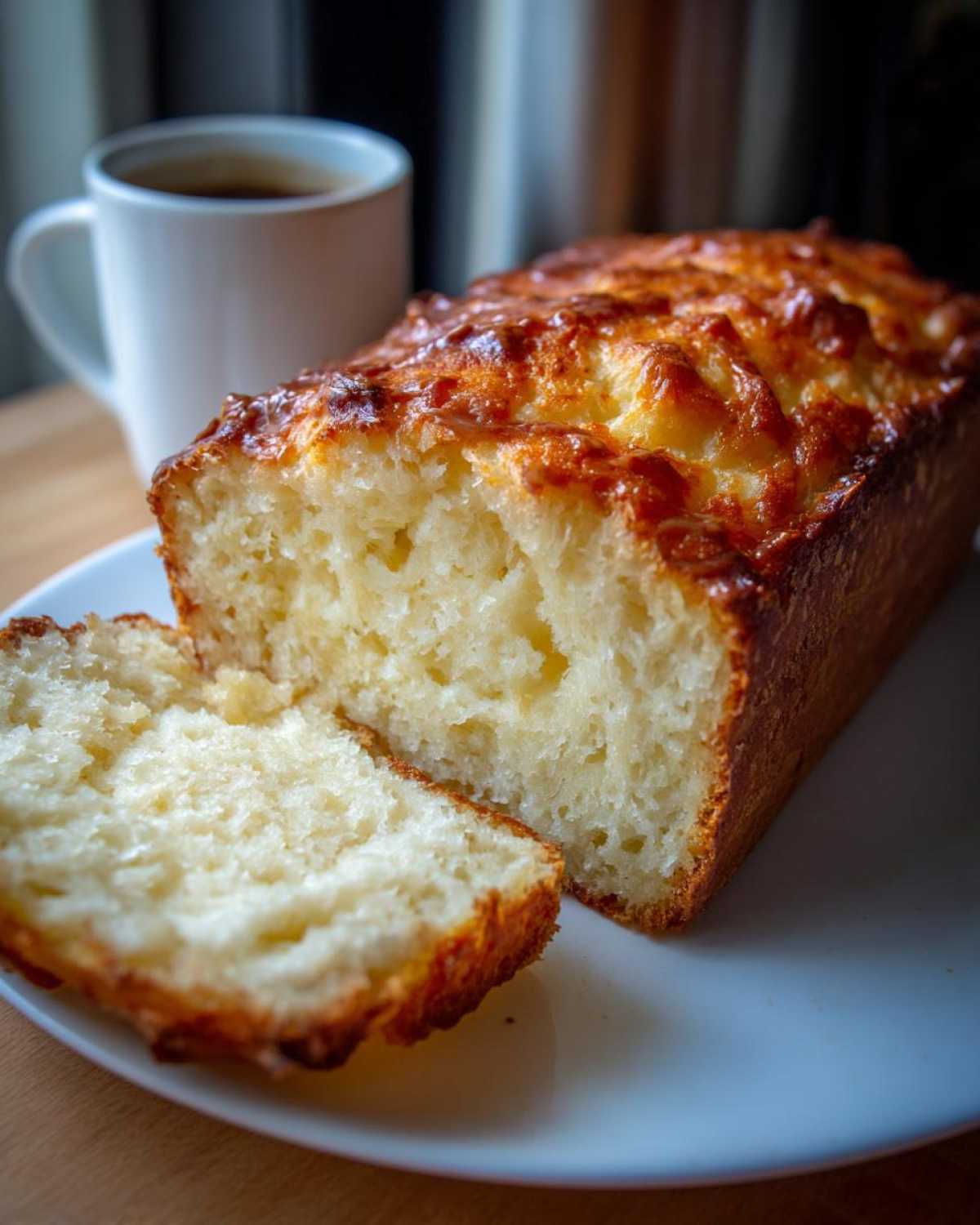 A loaf of golden-crusted beer bread, with one slice cut, served on a white plate next to a mug of coffee.