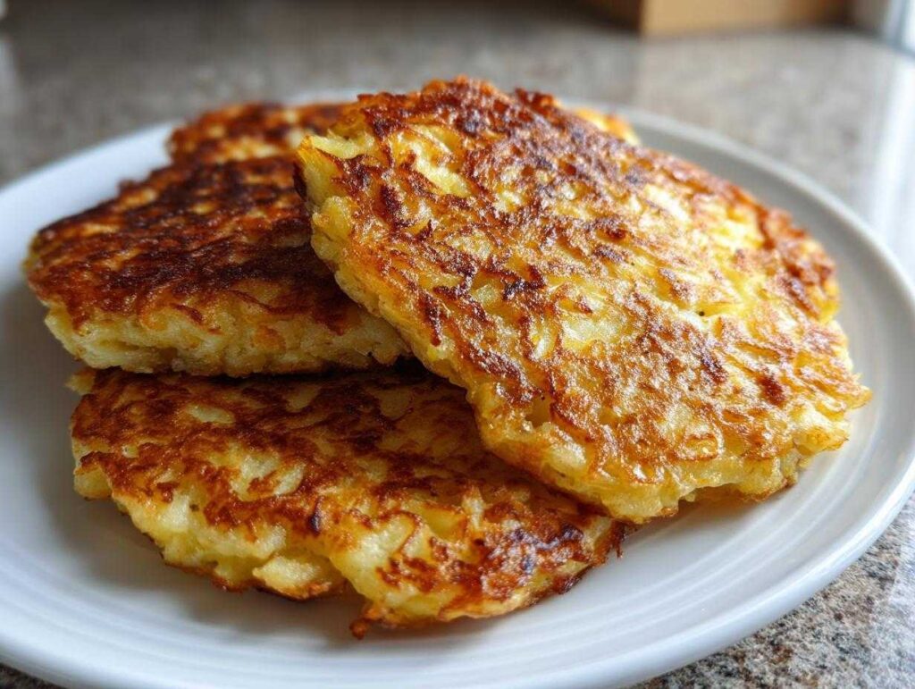 Close-up of golden brown, crispy potato pancakes stacked on a white plate.