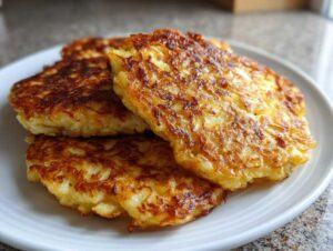 Close-up of golden brown, crispy potato pancakes stacked on a white plate.