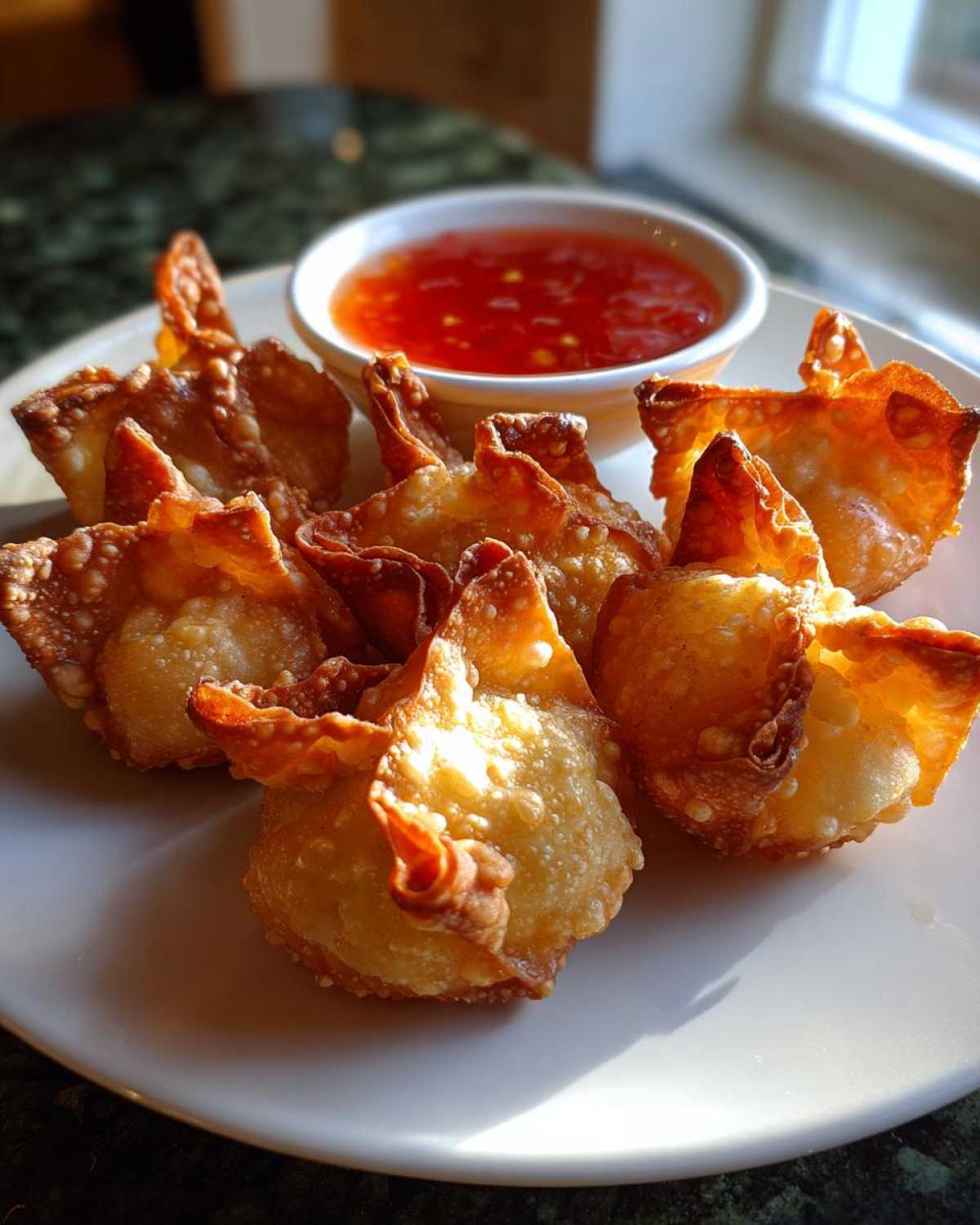 A plate of crispy, golden brown crab rangoon bombs served with a small bowl of bright red sweet chili dipping sauce.