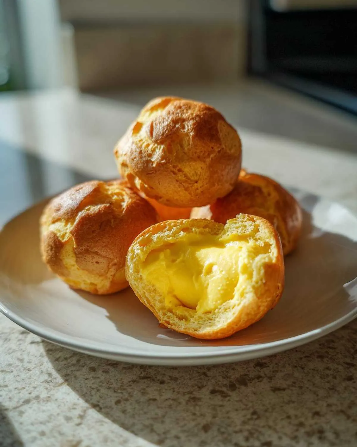 A stack of golden brown lemon cream puffs, one cut open to show the bright yellow lemon cream filling.