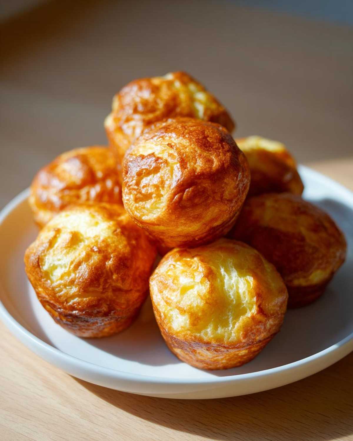 A stack of golden brown, puffy pancake poppers served on a white plate.