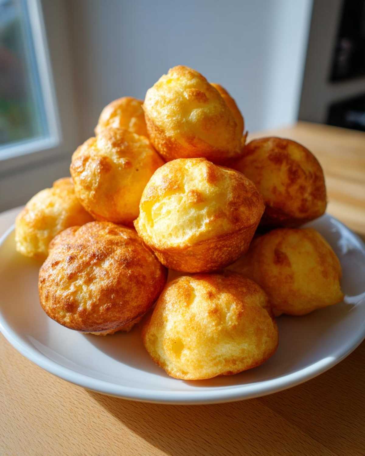 A stack of freshly baked, golden brown pancake poppers piled high on a white plate.