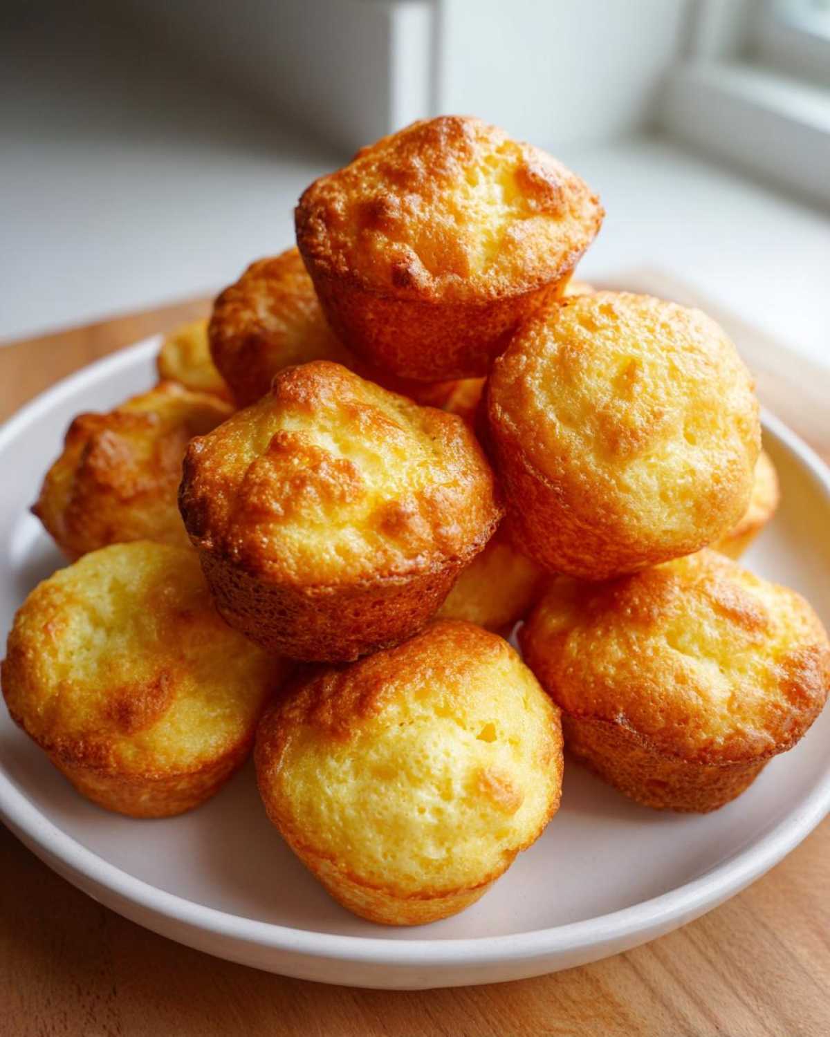 A stack of freshly baked, golden brown pancake poppers piled high on a white plate.