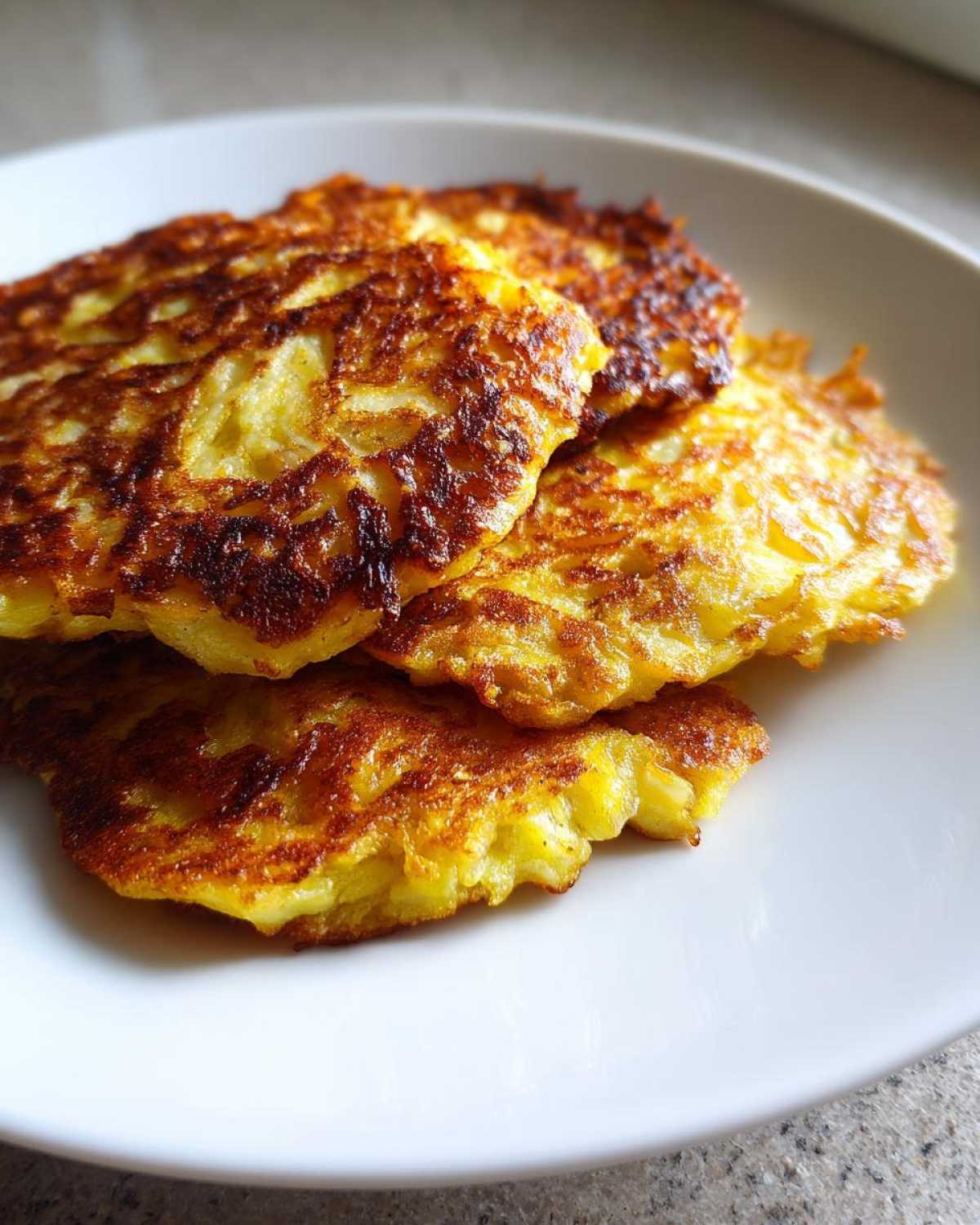 Close-up of three golden brown, crispy potato pancakes stacked on a white plate.
