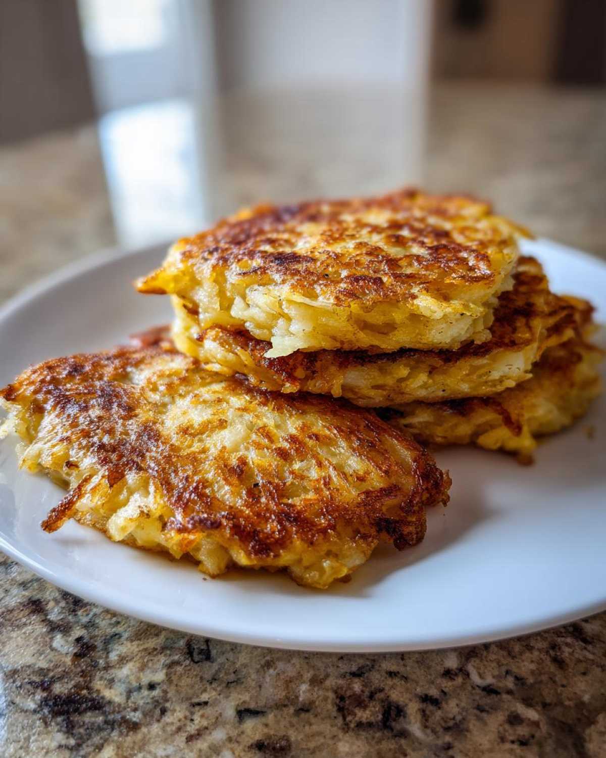 A stack of four golden brown, crispy potato pancakes served on a white plate.