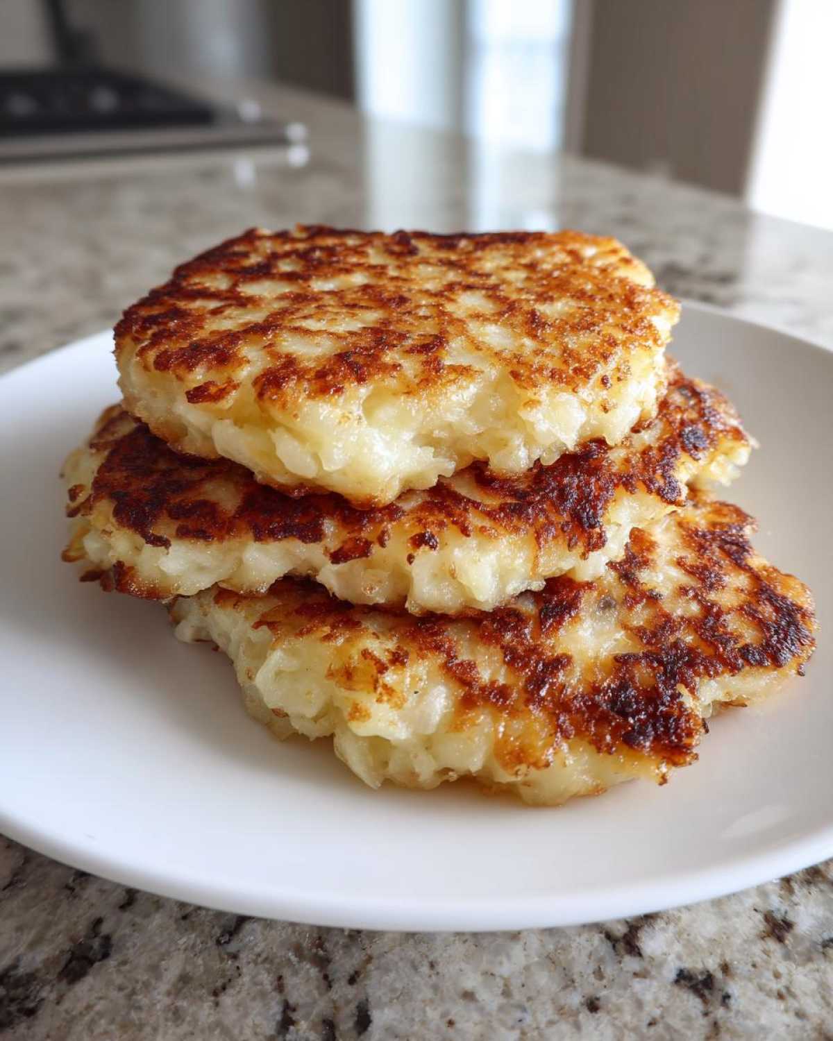 A stack of three perfectly golden brown, crispy potato pancakes served on a white plate.