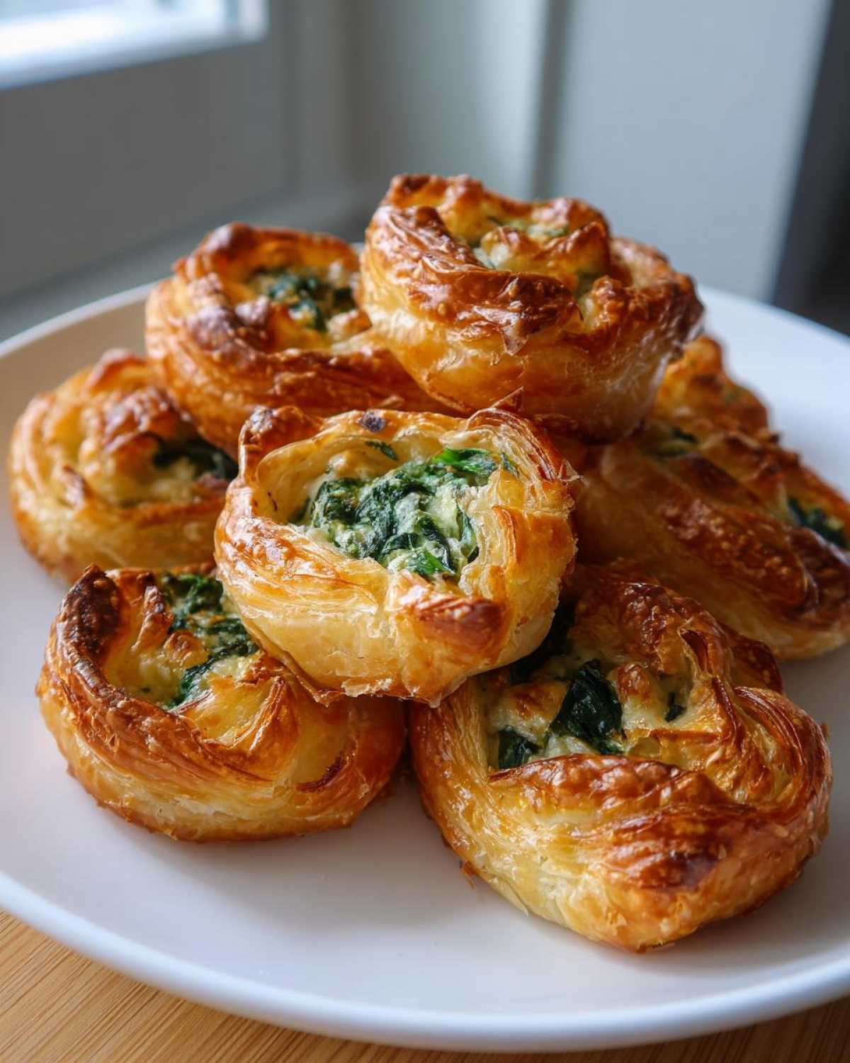 A close-up stack of golden, flaky spinach and feta crisps on a white plate.