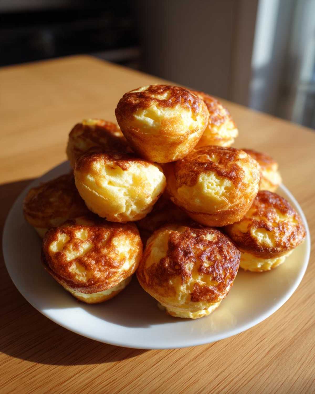 A stack of freshly baked, golden brown pancake poppers piled high on a white plate.