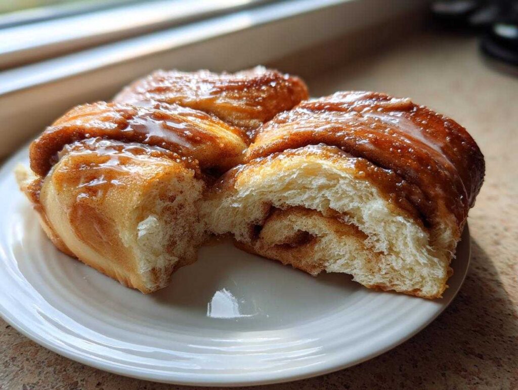 Three gooey, glazed pieces of Amish Cinnamon Flop served on a white plate, showing the soft interior.
