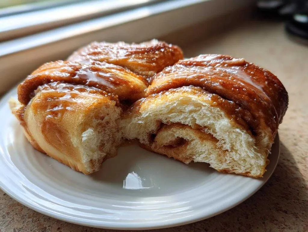 Three gooey, glazed pieces of Amish Cinnamon Flop served on a white plate, showing the soft interior.